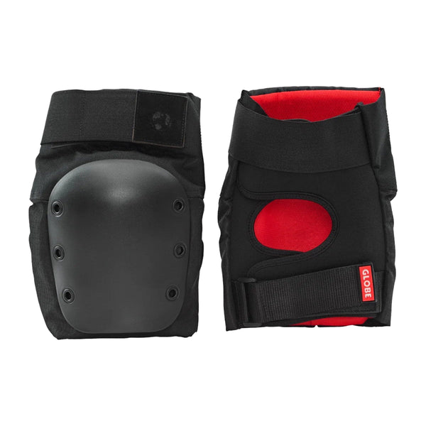 Black knee pads with red accents on a light gray background