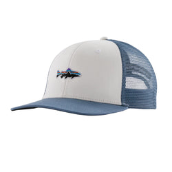 Trucker hat with blue and white design on a white background
