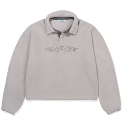 Light gray fleece pullover with embroidered design on a white background