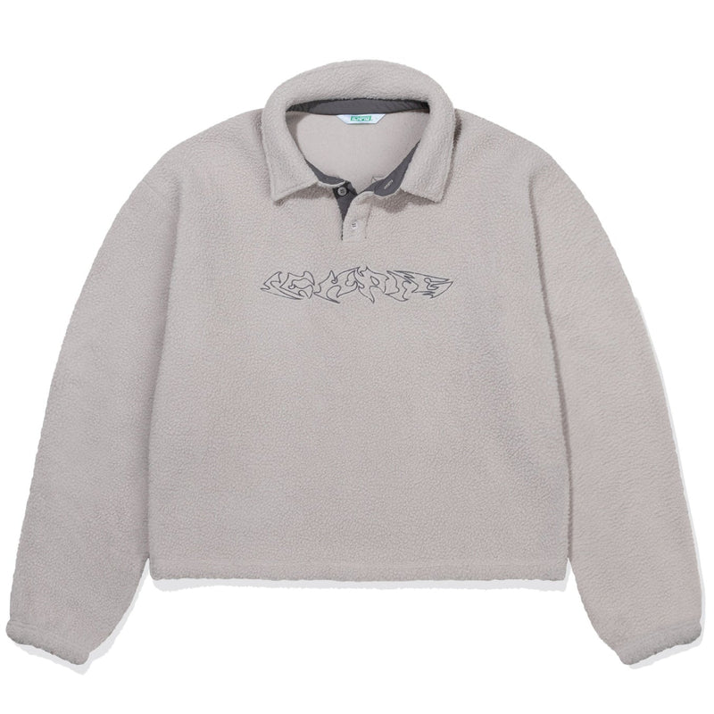 Light gray fleece pullover with embroidered design on a white background