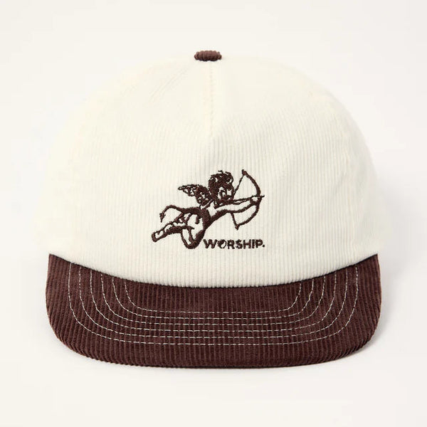 White cap with brown brim featuring an embroidered design and text on a white background