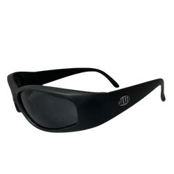 Black sunglasses with a brand logo on a white background