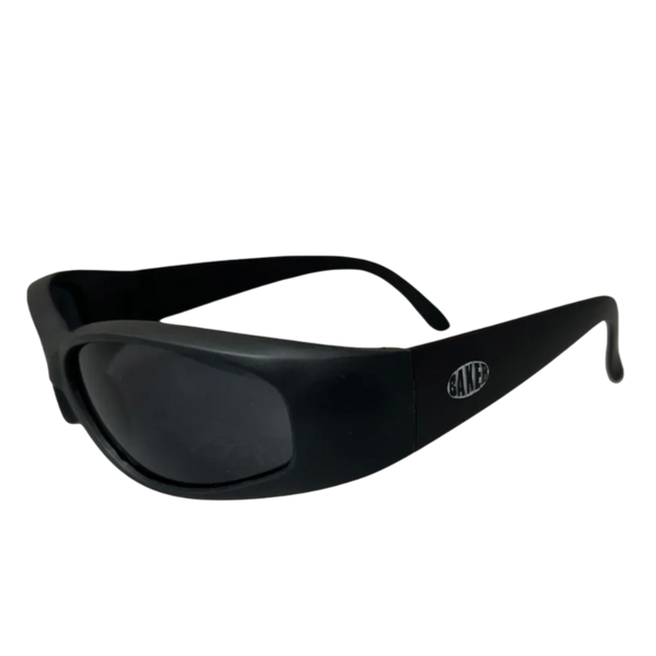Black sunglasses with a brand logo on a white background