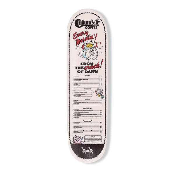 Skateboard deck with vintage coffee advertisement design on a white background