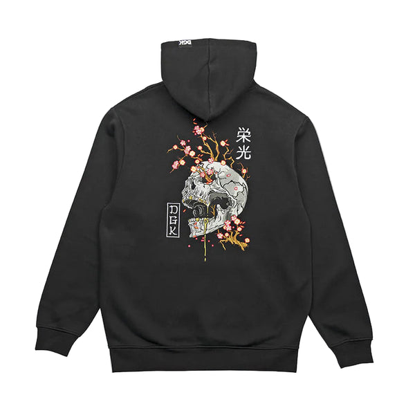 Black hoodie with a floral and skull design on the back against a light gray background