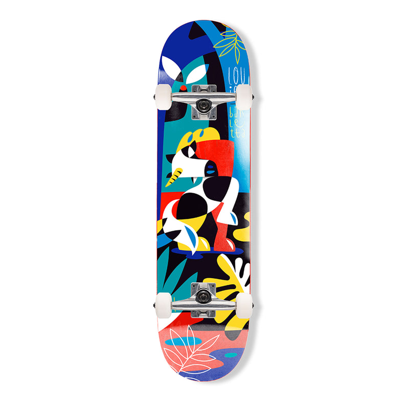 Colorful skateboard deck with abstract design on a white background
