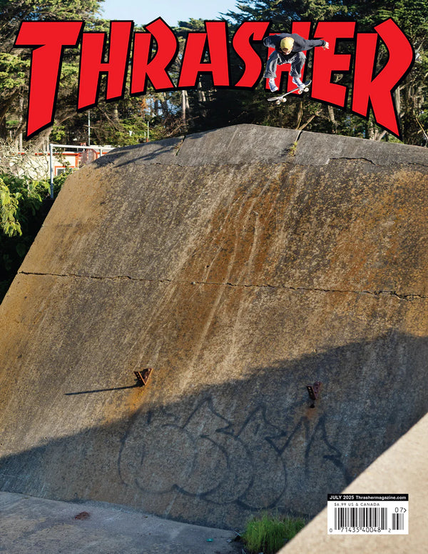 Magazine cover with a skateboarder performing a trick on a ramp, featuring the Thrasher logo.