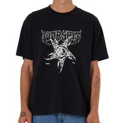 Black t-shirt with white graphic design on a plain background
