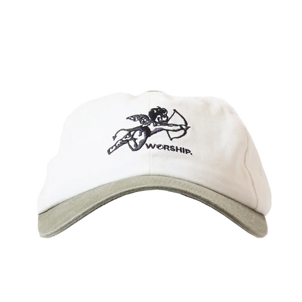 White cap with black graphic and 'Worship' text on a white background