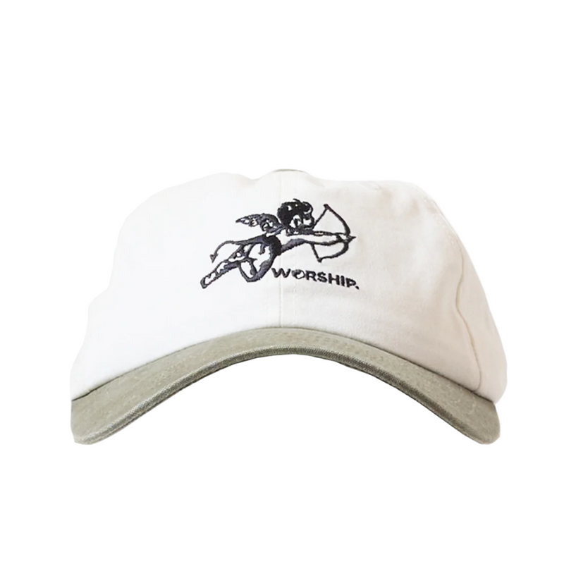 White cap with black graphic and 'Worship' text on a white background