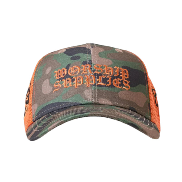 Camouflage cap with 'Worship Supplies' text on a white background