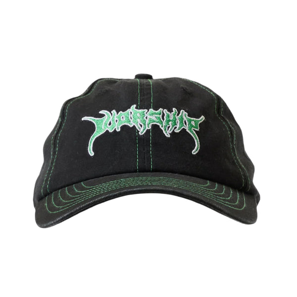 Black cap with green and white logo on a white background
