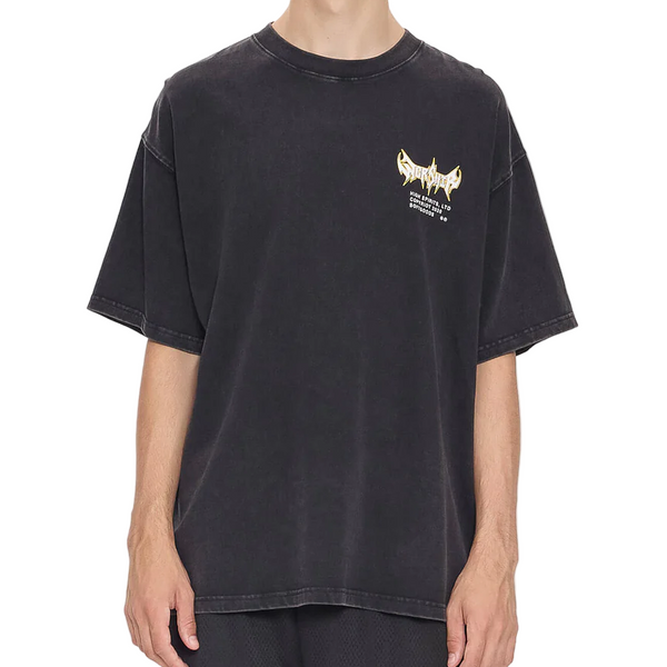 Black t-shirt with a small white graphic on a white background