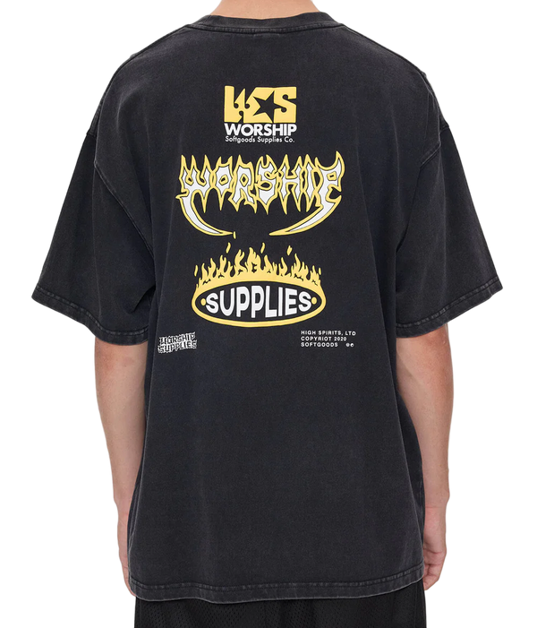 Black t-shirt with yellow and white text and graphics on the back, worn by a person.