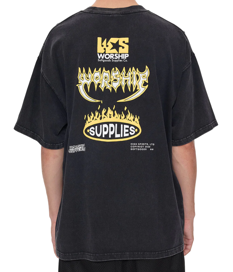 Black t-shirt with yellow and white text and graphics on the back, worn by a person.