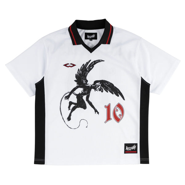 White sports jersey with black and red design on a white background