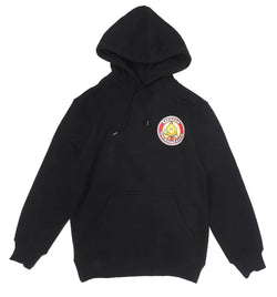 Black hoodie with a logo on the chest against a white background