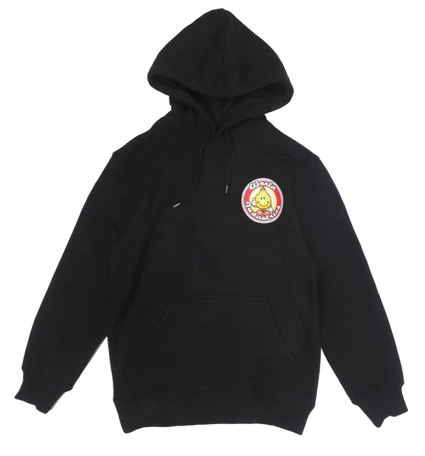 Black hoodie with a logo on the chest against a white background