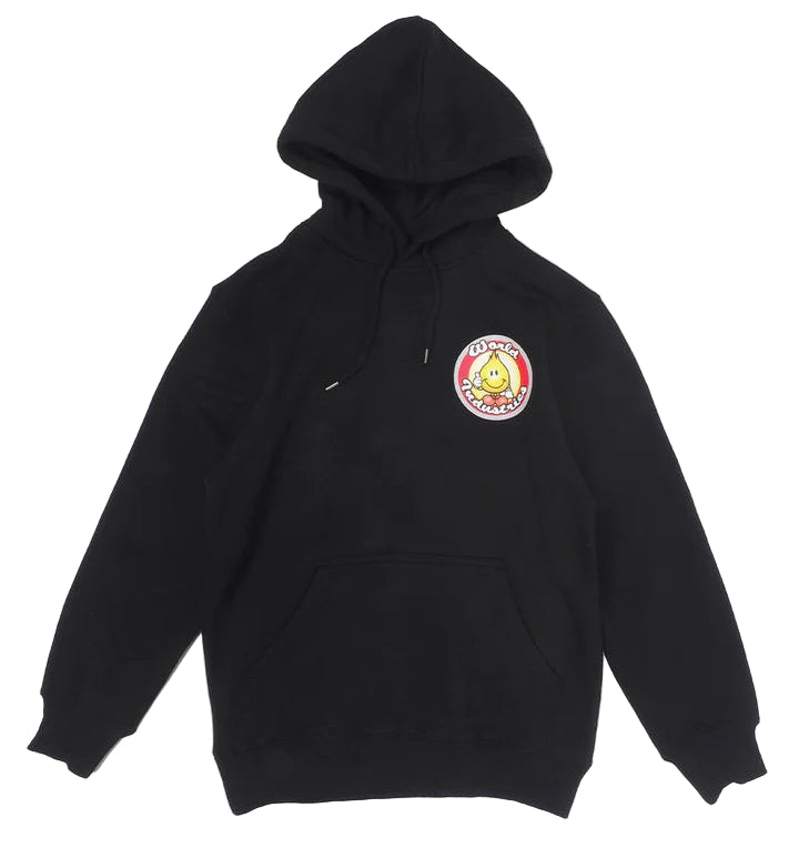 Black hoodie with a logo on the chest against a white background