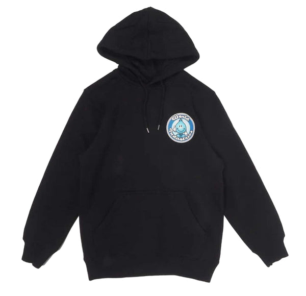 Black hoodie with a logo on the chest against a white background