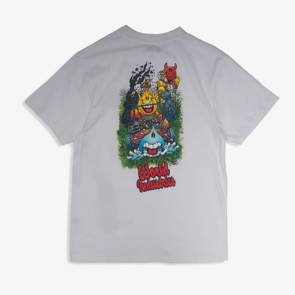 White t-shirt with colorful graphic design on a white background