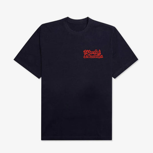 Black t-shirt with red text on a white background