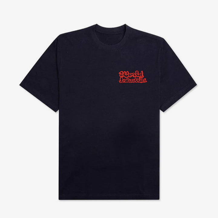 Black t-shirt with red text on a white background