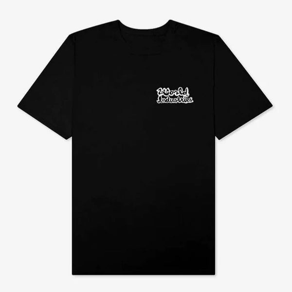 Black t-shirt with a small white logo on a white background
