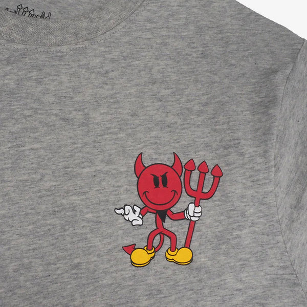 Gray t-shirt with a red devil cartoon character on a white background