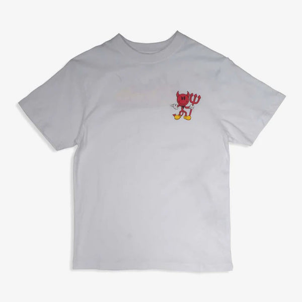 White t-shirt with a small red and yellow graphic on a white background