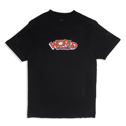 Black t-shirt with red and white text on a white background