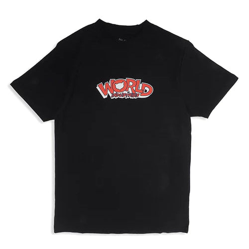 Black t-shirt with red and white text on a white background