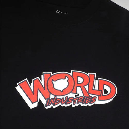 Black t-shirt with red and white 'World Industries' logo