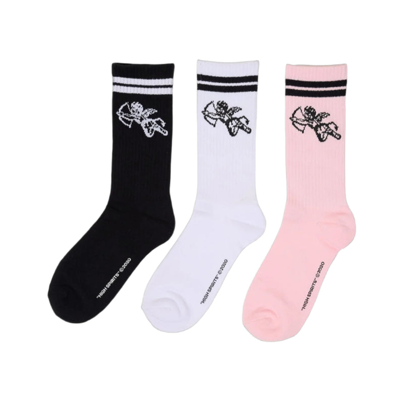 Three socks in black, white, and pink with a design on a white background