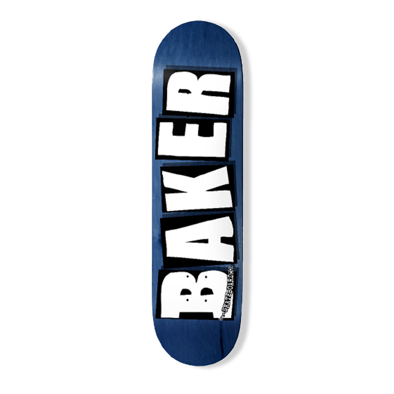 Blue skateboard deck with 'Baker' branding on a white background