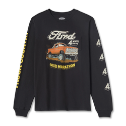 Black long-sleeve shirt with Ford graphic and 'Mud Marathon' text on a white background