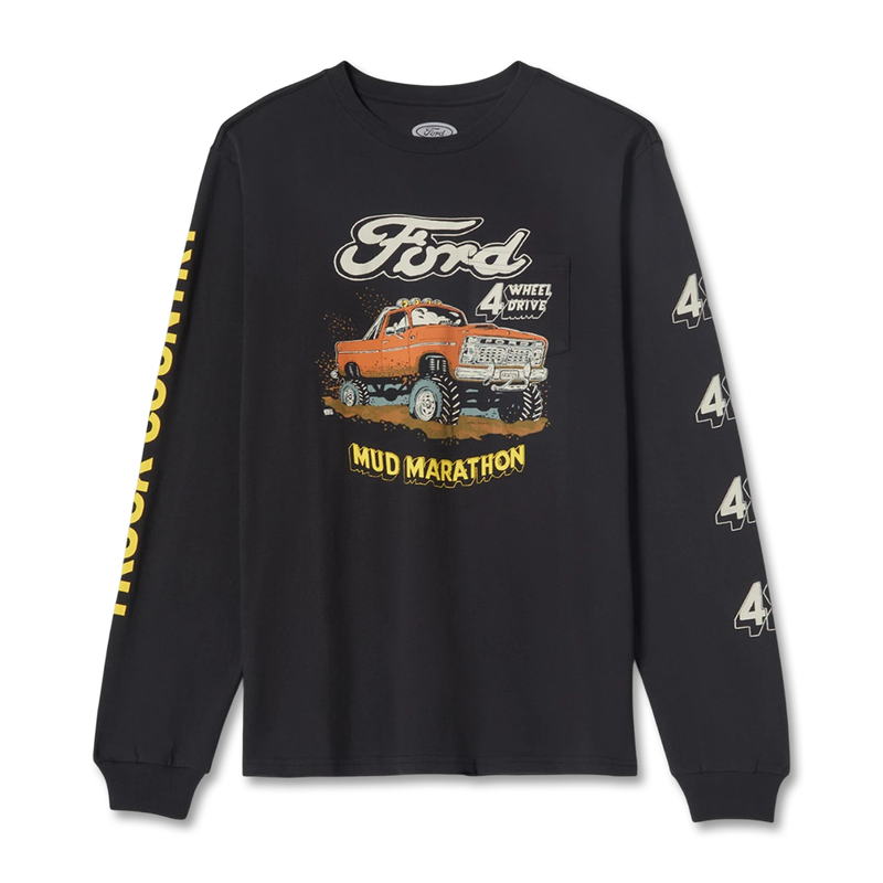 Black long-sleeve shirt with Ford graphic and 'Mud Marathon' text on a white background