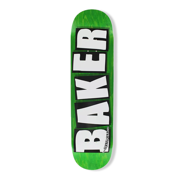 Green skateboard deck with 'Baker' logo on a white background