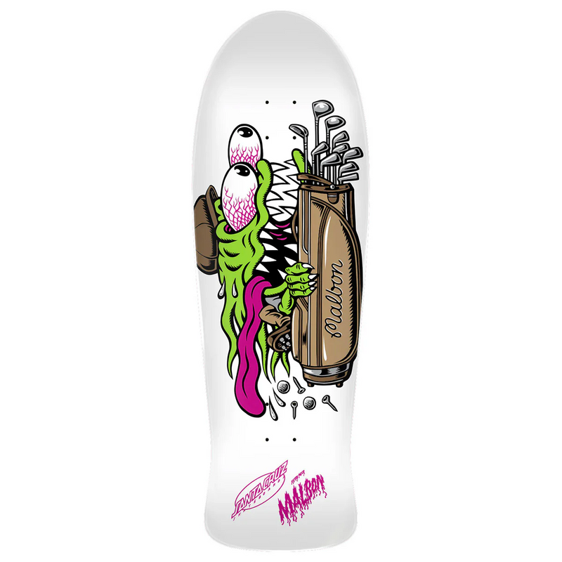 Skateboard deck with a colorful design of a creature holding a golf bag on a white background